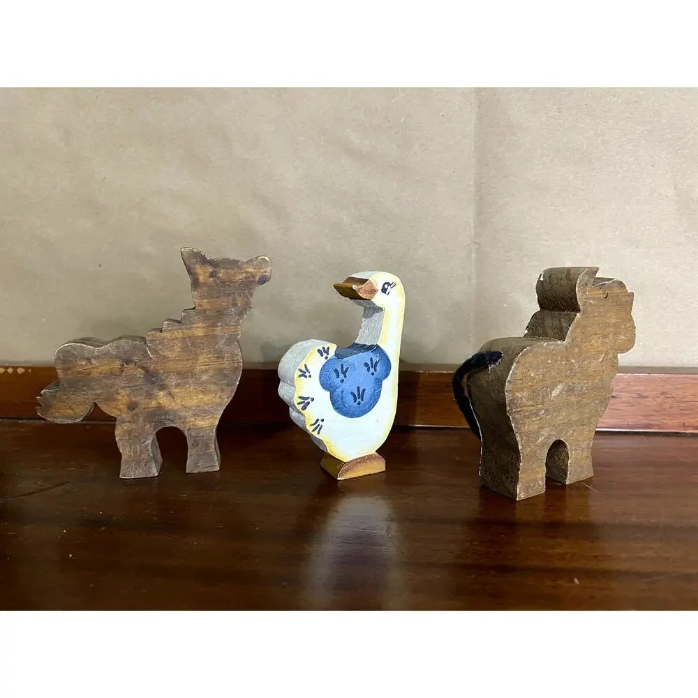 Vintage Handmade Wooden Farm Animal Figurines Set Cow Horse Duck Wood